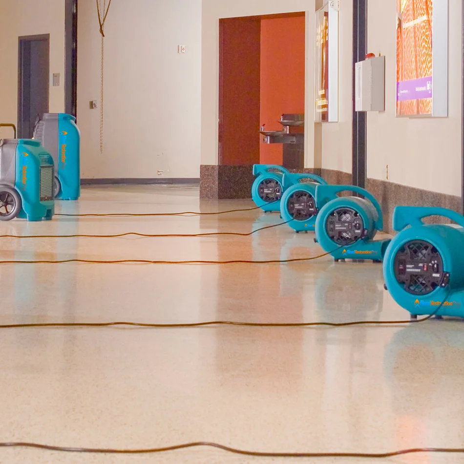 Professional air movers deployed for water damage restoration in a residential basement
